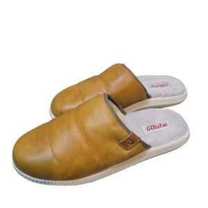 Olukai Mua 'ili Mens Brown Leather Shearling Lined Slippers size 12